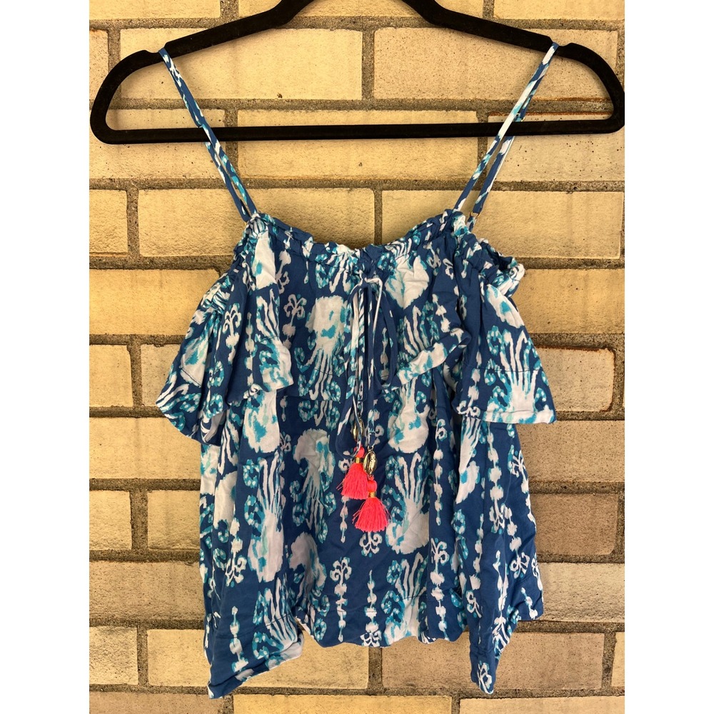 Lilly Pulitzer Blue Ikat Jellyfish Ruffle Tassel Tank Top Size XXS